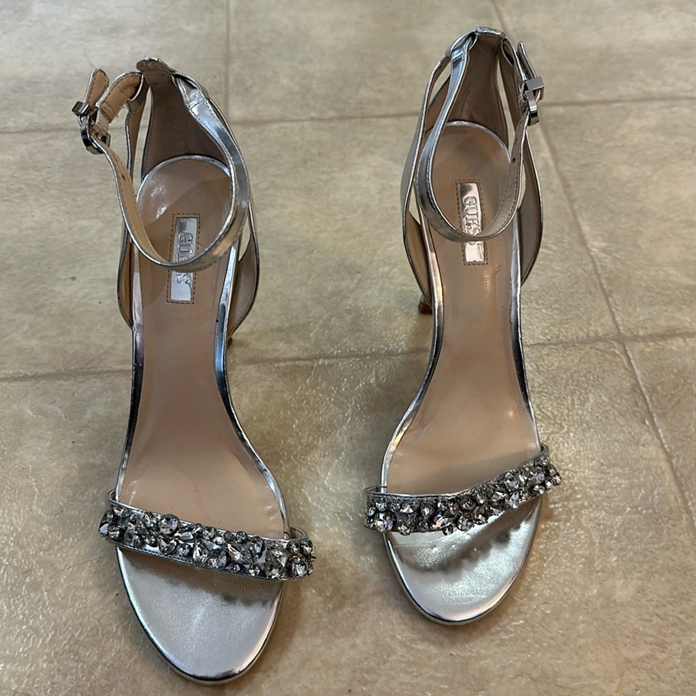 Guess silver rhinestone strap heels
